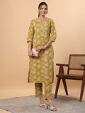 Janasya Regular Cambric Lime Green Floral Round Neck Kurta & Bottom