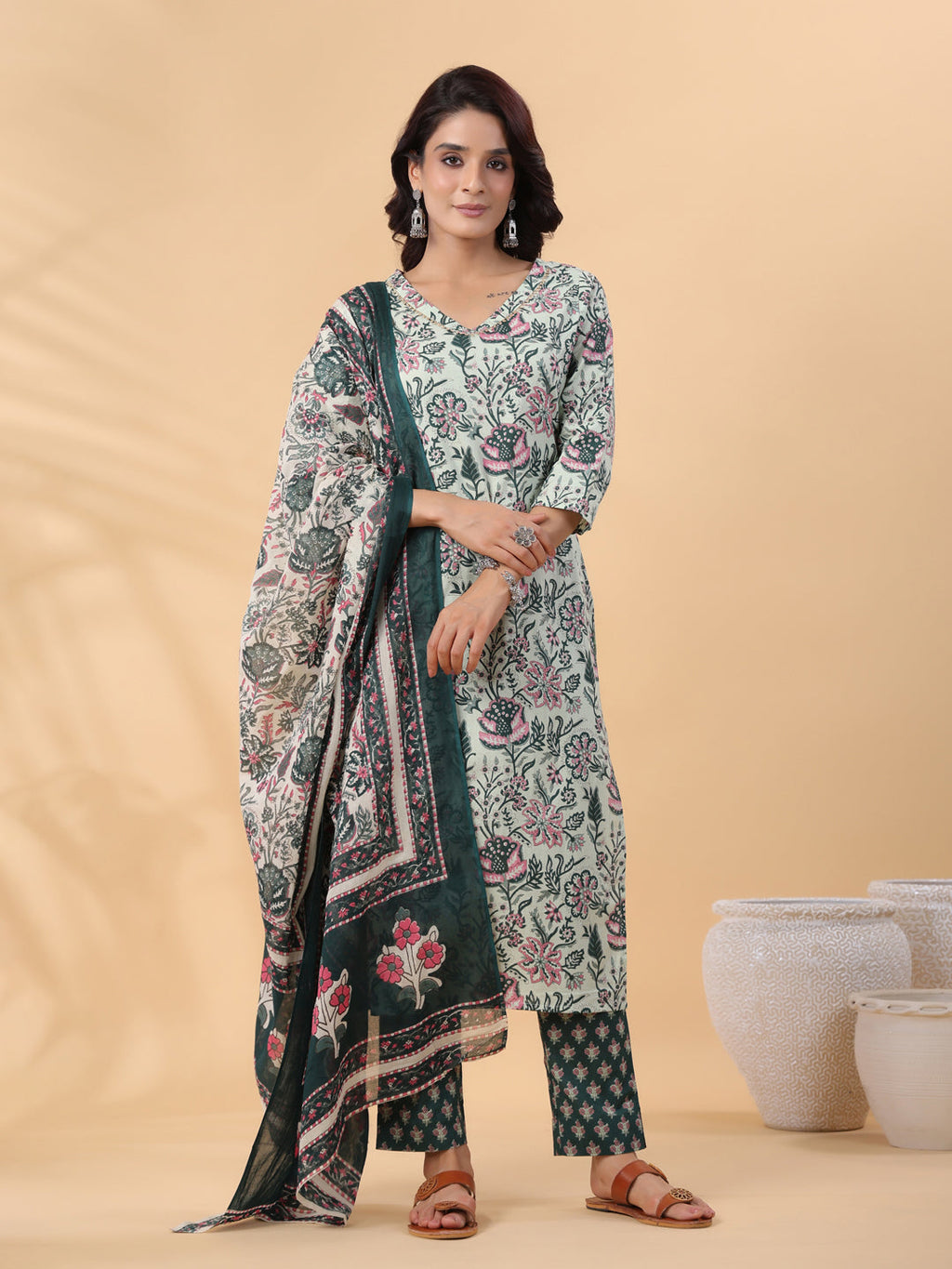 Janasya Regular Cambric Mint Floral V-Neck Kurta,Bottom & Dupatta