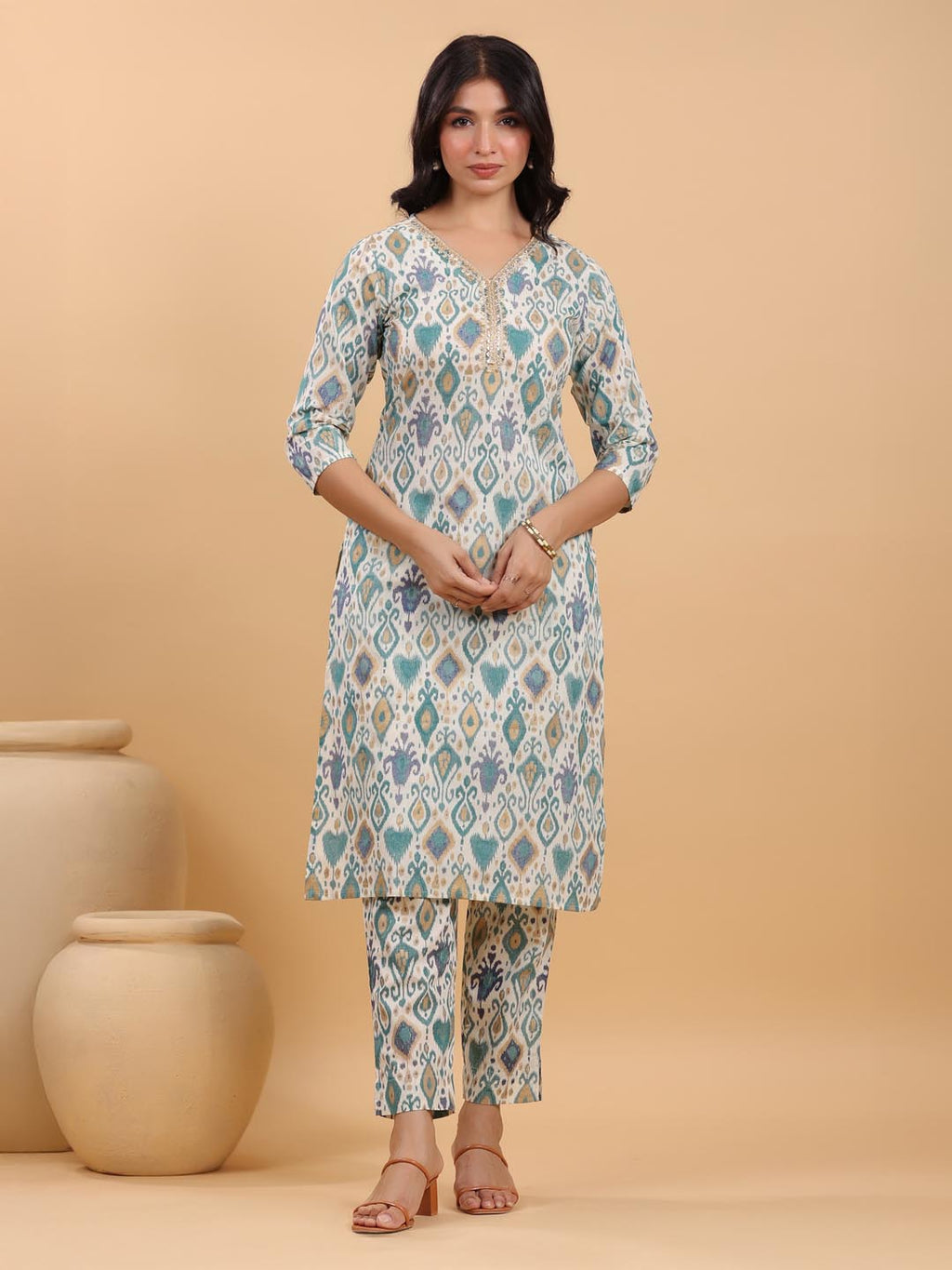 Janasya Light Cotton Ikkat Straight Kurta Set