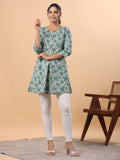 Janasya A-Line Cambric Sage Floral Round Neck Tunic
