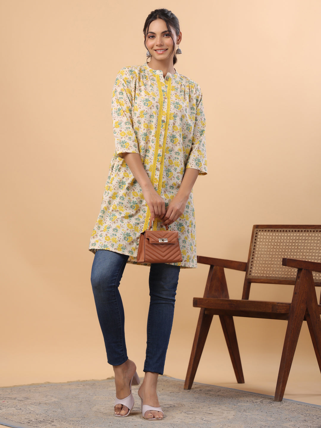 Janasya A-Line Cambric Beige Floral Band Collar Tunic