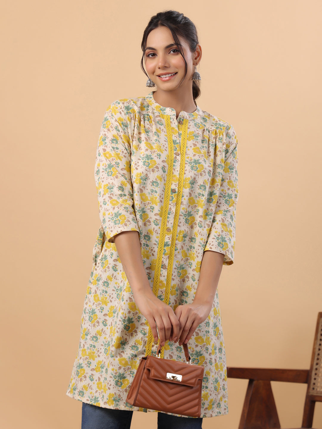 Janasya Light Cotton Floral A-Line Tunic