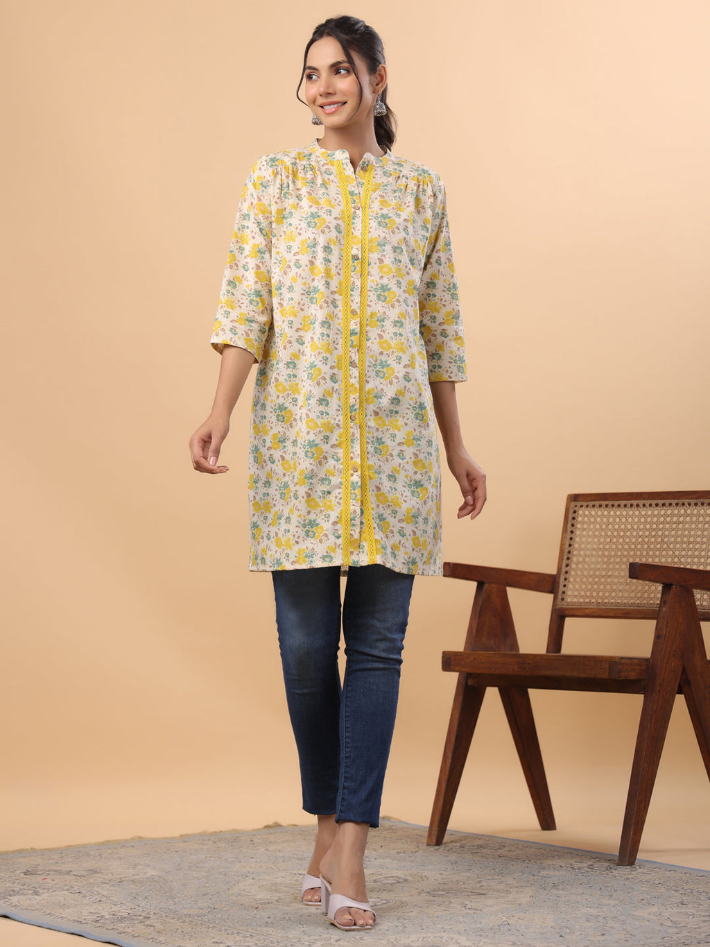 Janasya Light Cotton Floral A-Line Tunic