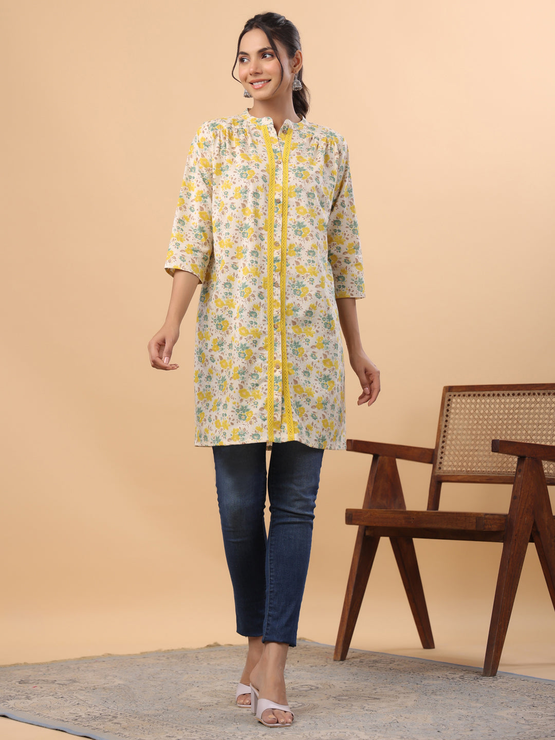 Janasya Light Cotton Floral A-Line Tunic