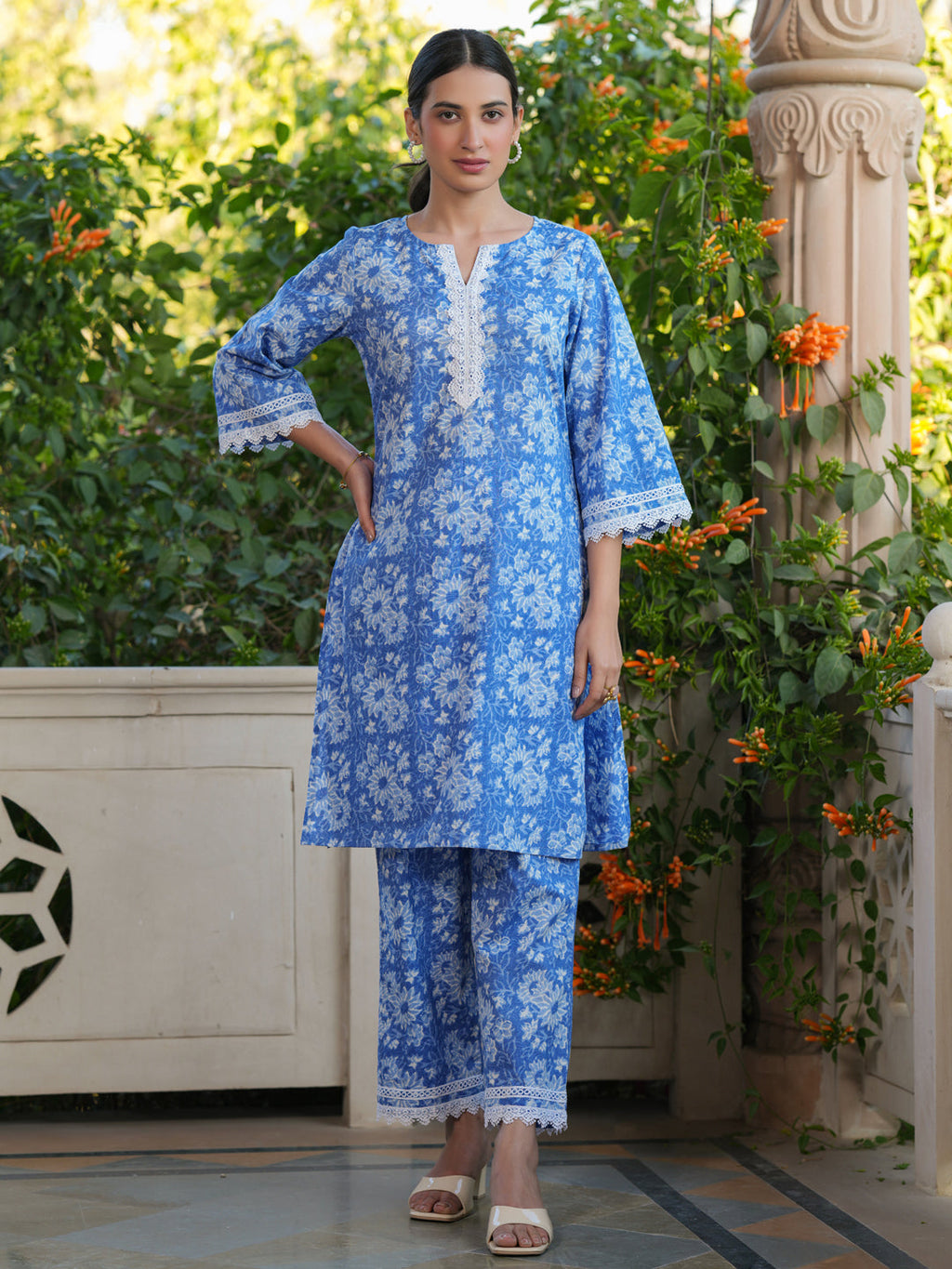Janasya Light Cotton Floral Straight Top & Bottom Set