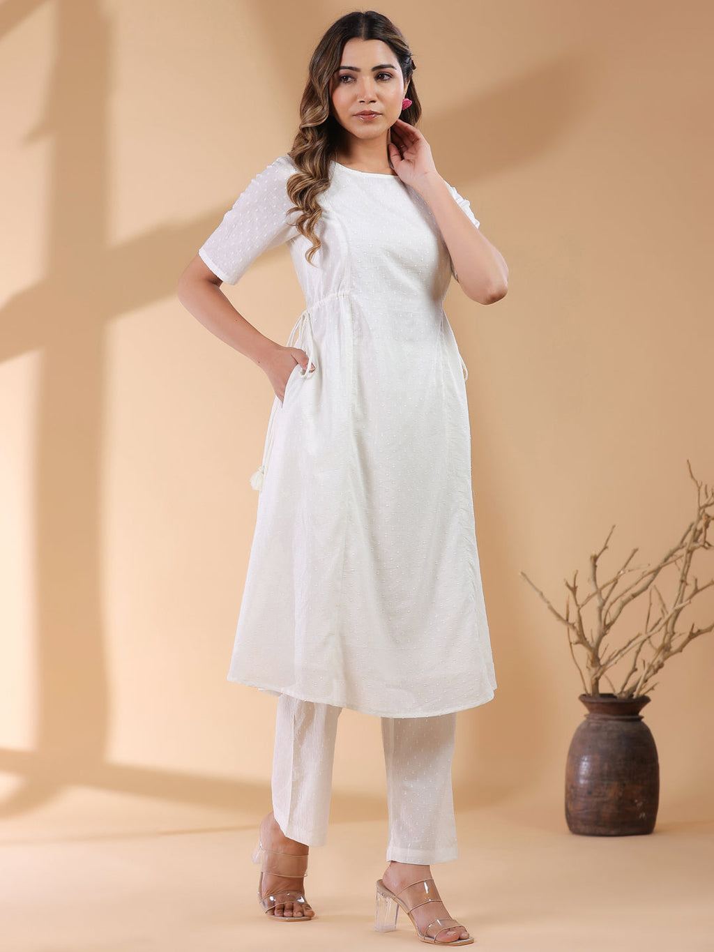 Janasya Light Dobby Cotton Self Design A-Line Kurta Set