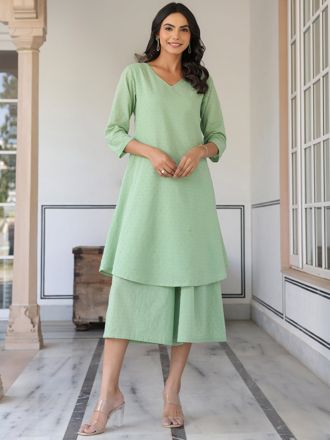Janasya Light Dobby Cotton Self Design A-Line Top & Bottom Set