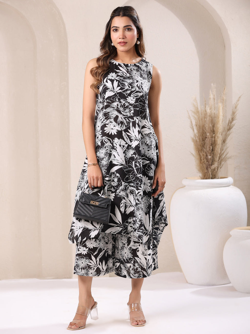 Janasya Dark Rayon Floral A-Line Top & Bottom Set