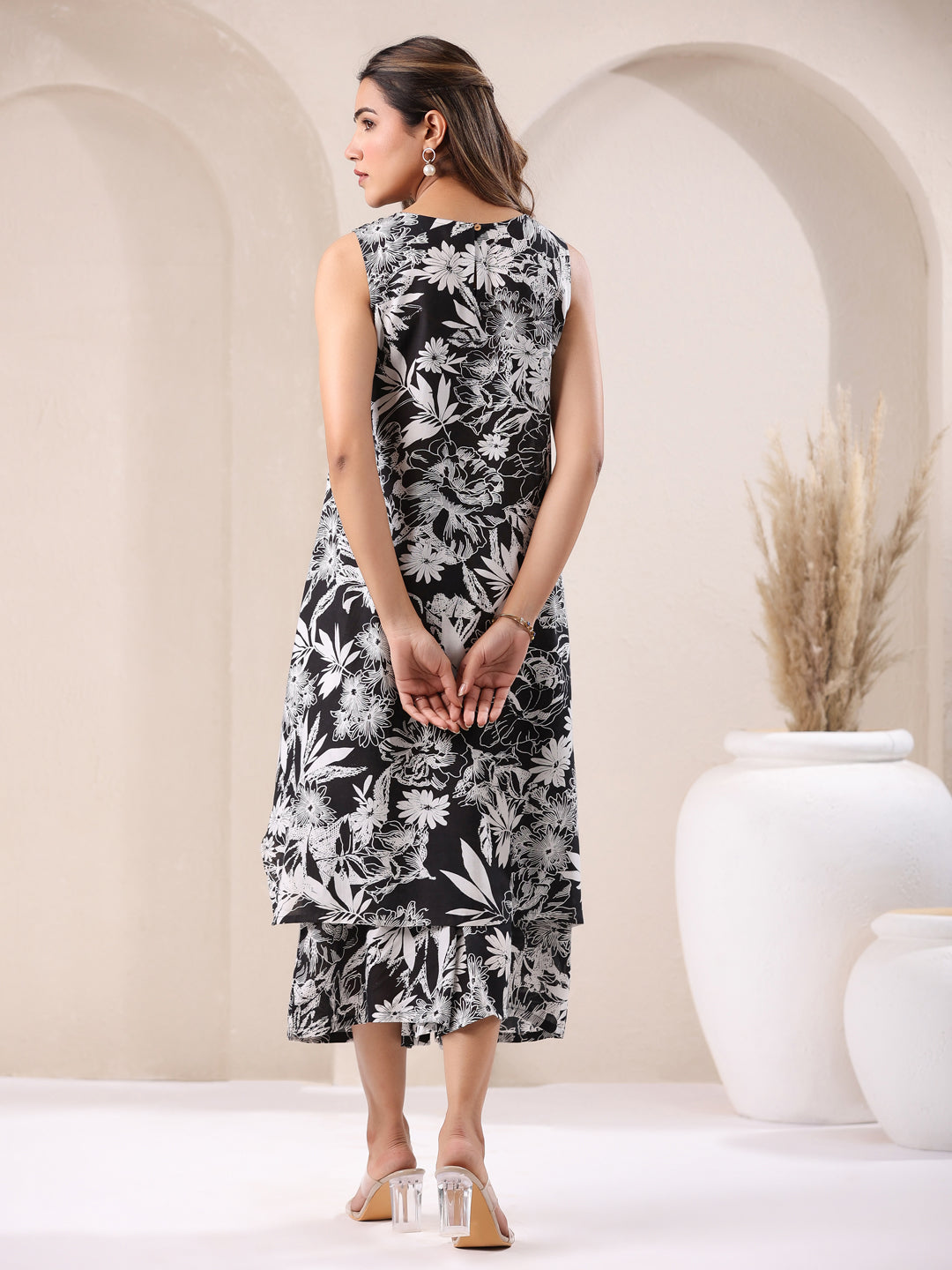 Janasya Dark Rayon Floral A-Line Top & Bottom Set