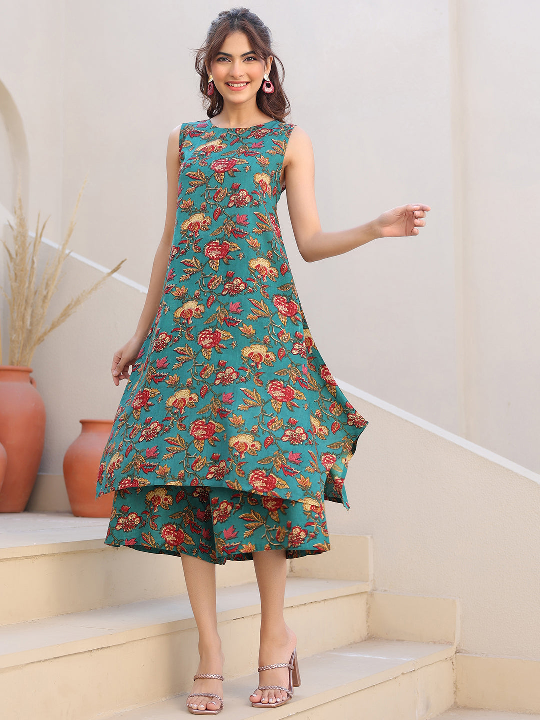 Janasya Dark Rayon Floral A-Line Top & Bottom Set