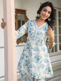 Janasya Light Cotton Yoke Embroidery A-Line Top & Bottom Set