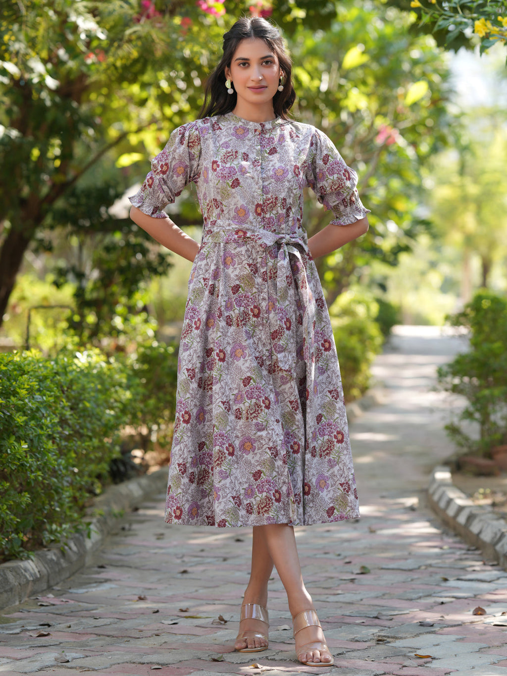 Janasya Dark Cotton Floral A-Line Dress