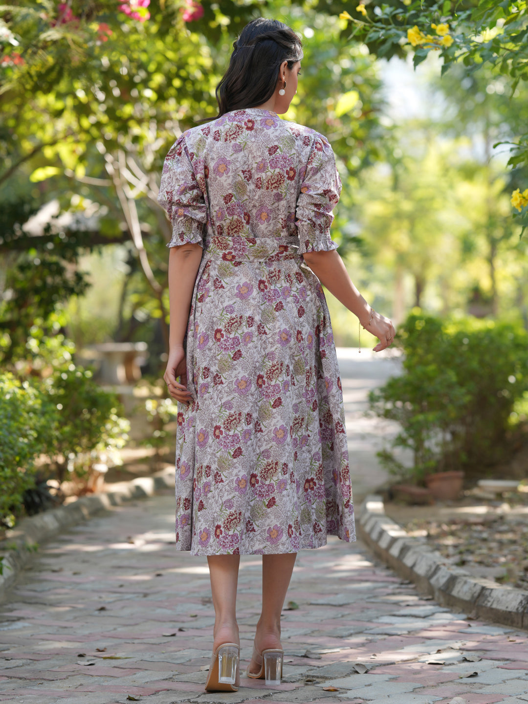 Janasya Dark Cotton Floral A-Line Dress