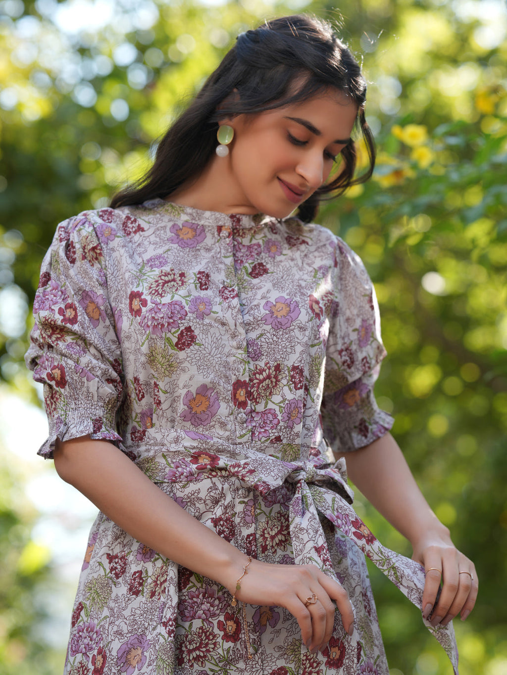 Janasya Dark Cotton Floral A-Line Dress