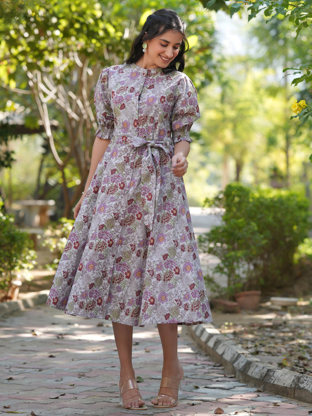 Janasya Dark Cotton Floral A-Line Dress