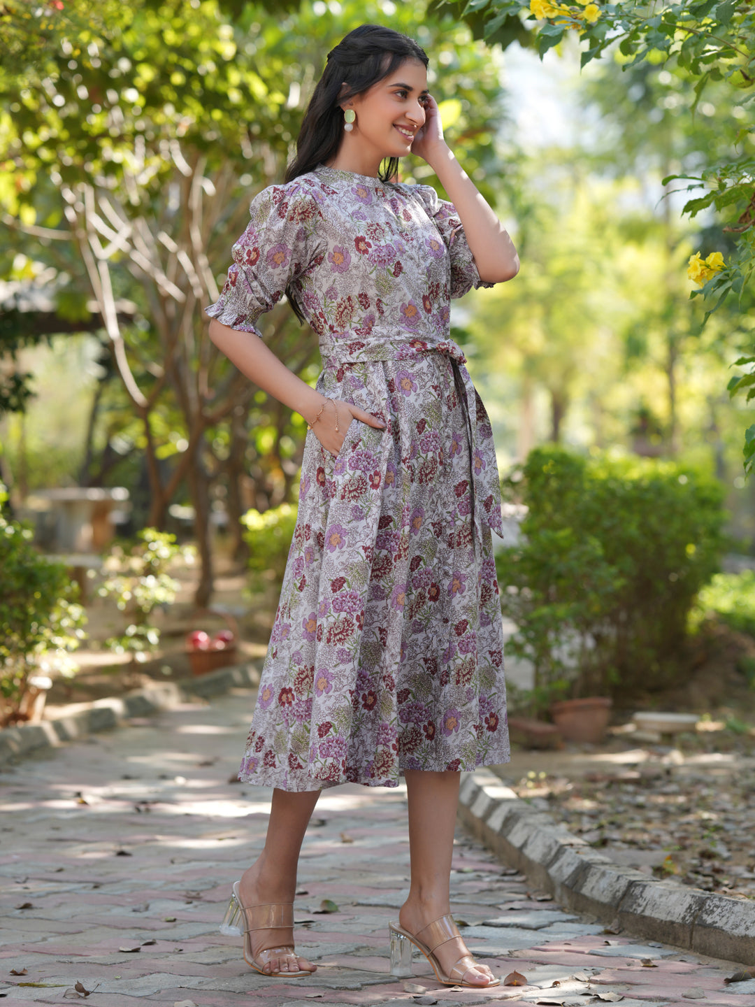 Janasya Dark Cotton Floral A-Line Dress