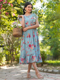 Janasya Bright Georgette Floral Tiered Dress