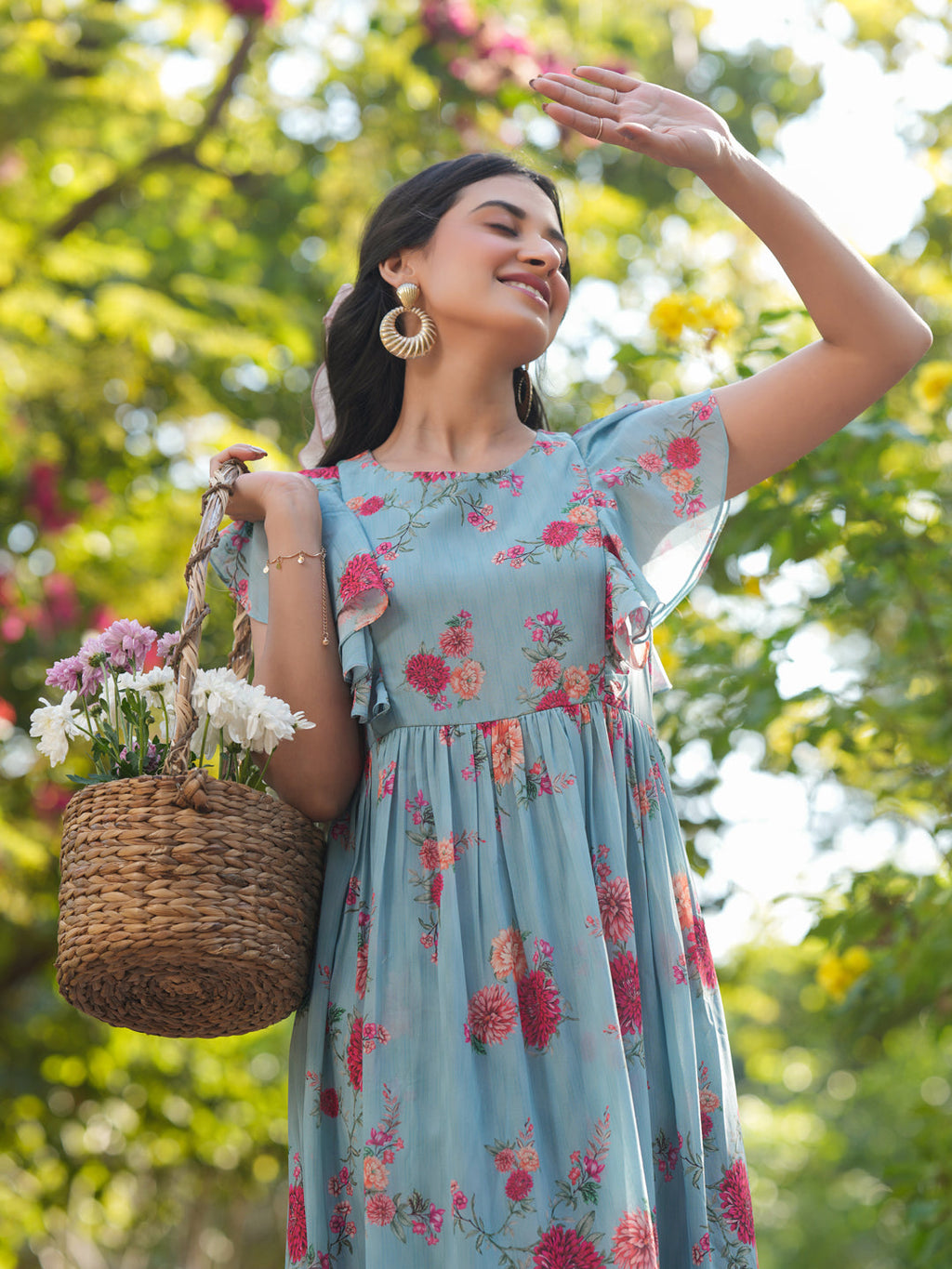 Janasya Bright Georgette Floral Tiered Dress