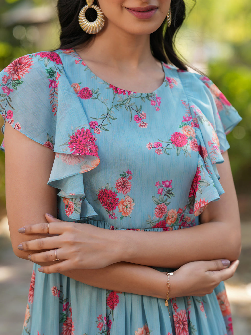 Janasya Bright Georgette Floral Tiered Dress