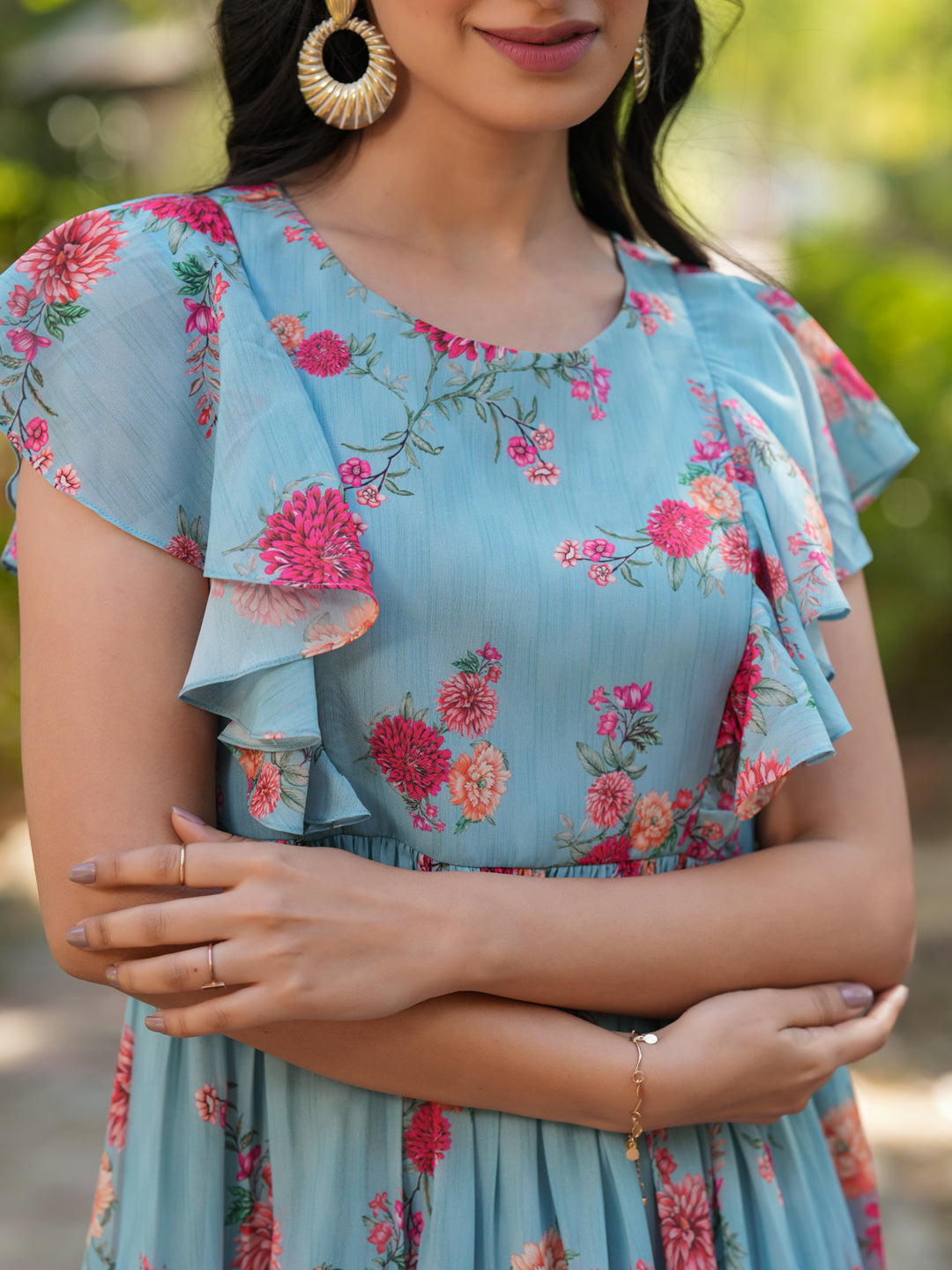 Janasya Bright Georgette Floral Tiered Dress