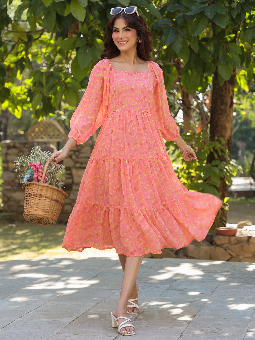 Janasya Light Georgette Floral Tiered Dress
