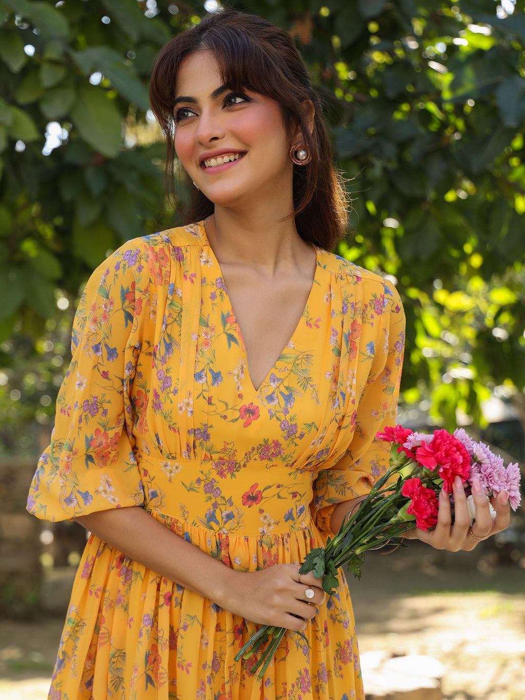 Janasya Bright Georgette Floral Gathered Dress