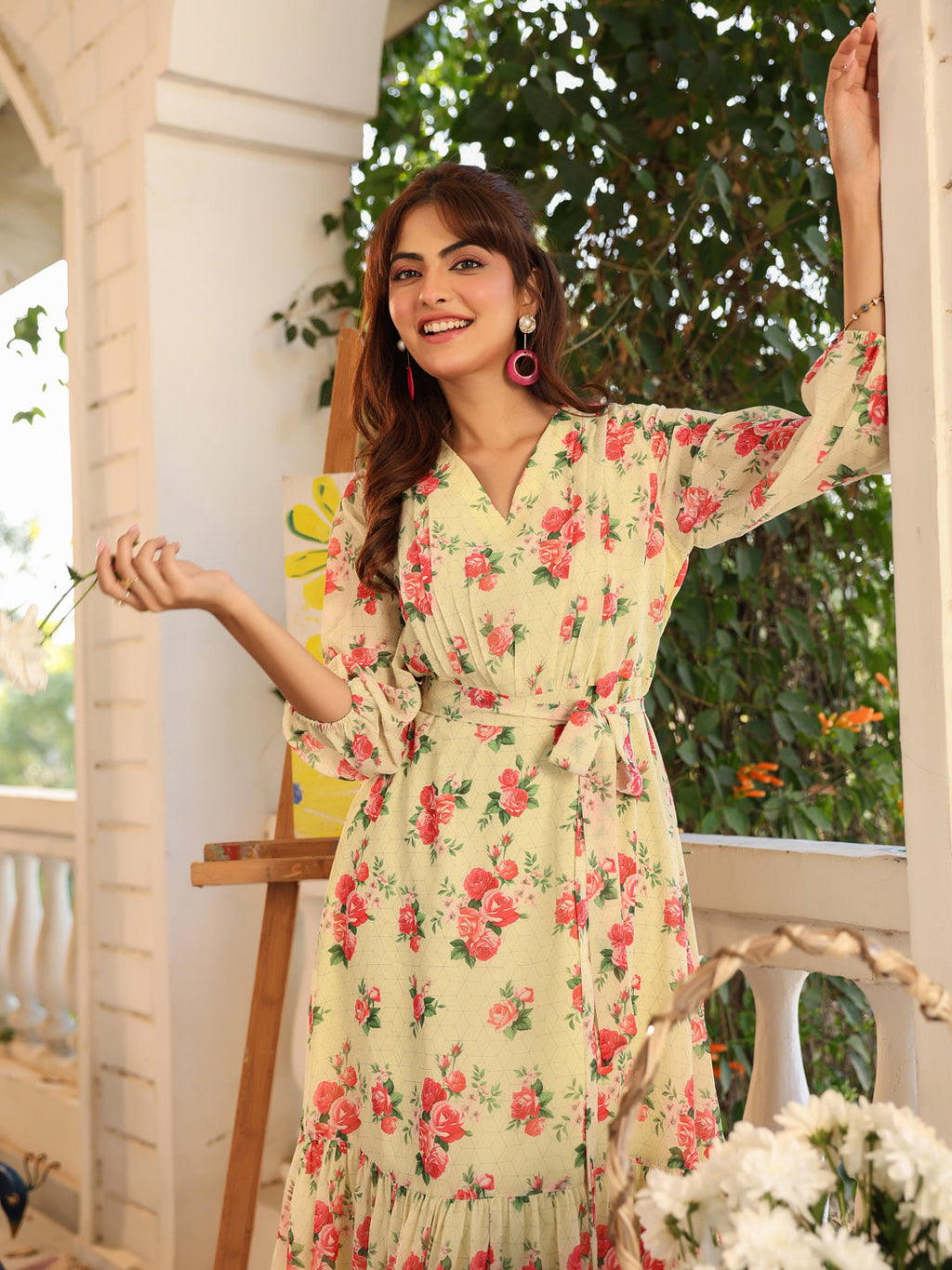Janasya Bright Georgette Floral Fit & Flare Dress
