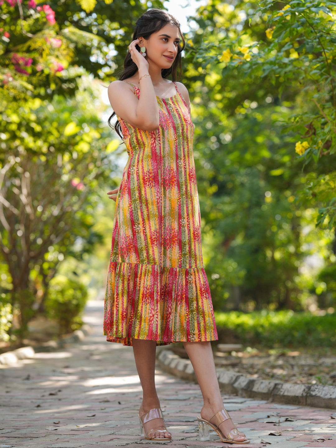 Janasya Bright Cotton Floral Tiered Dress