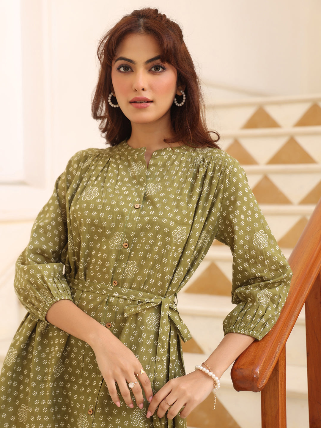 Janasya Dark Cotton Floral A-Line Dress