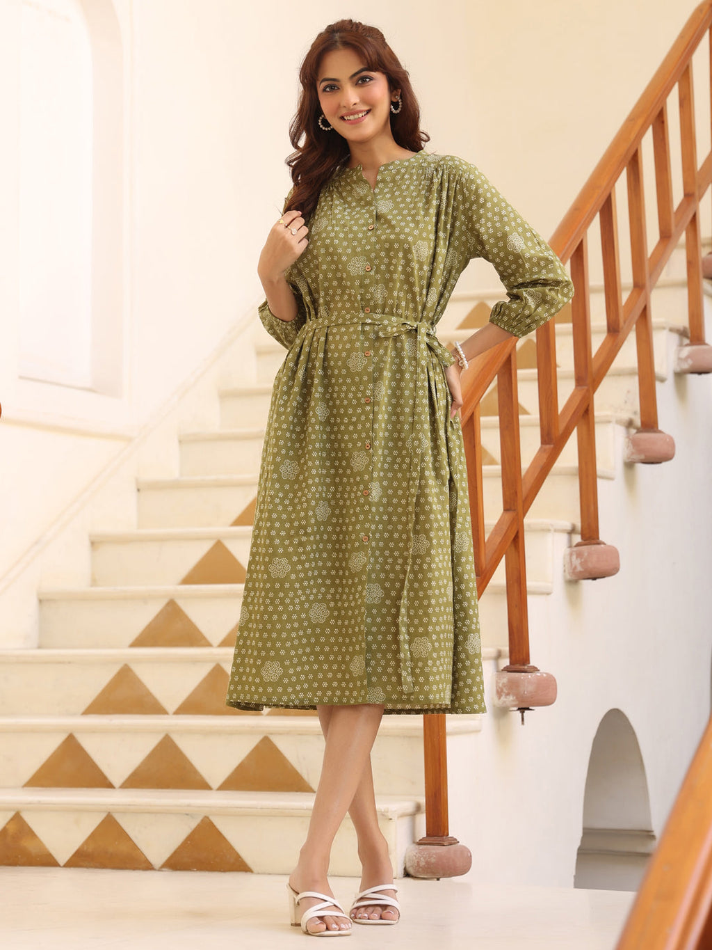 Janasya Dark Cotton Floral A-Line Dress
