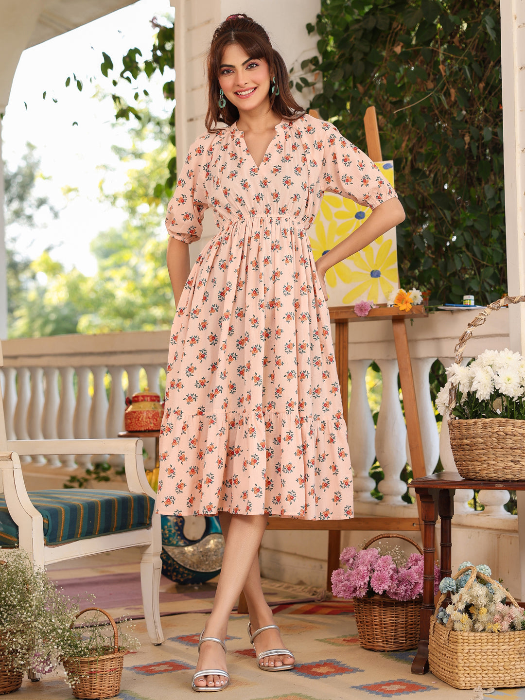 Janasya Light Cotton Floral Tiered Dress