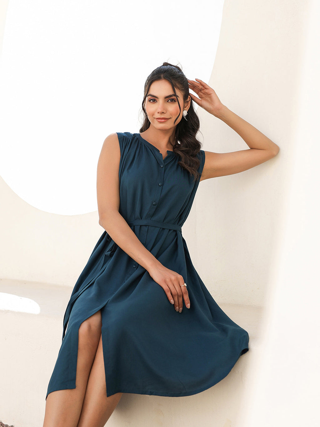 Janasya Dark Rayon Solid A-Line Dress