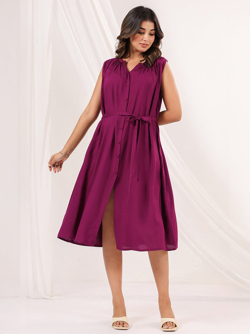 Janasya Dark Rayon Solid A-Line Dress