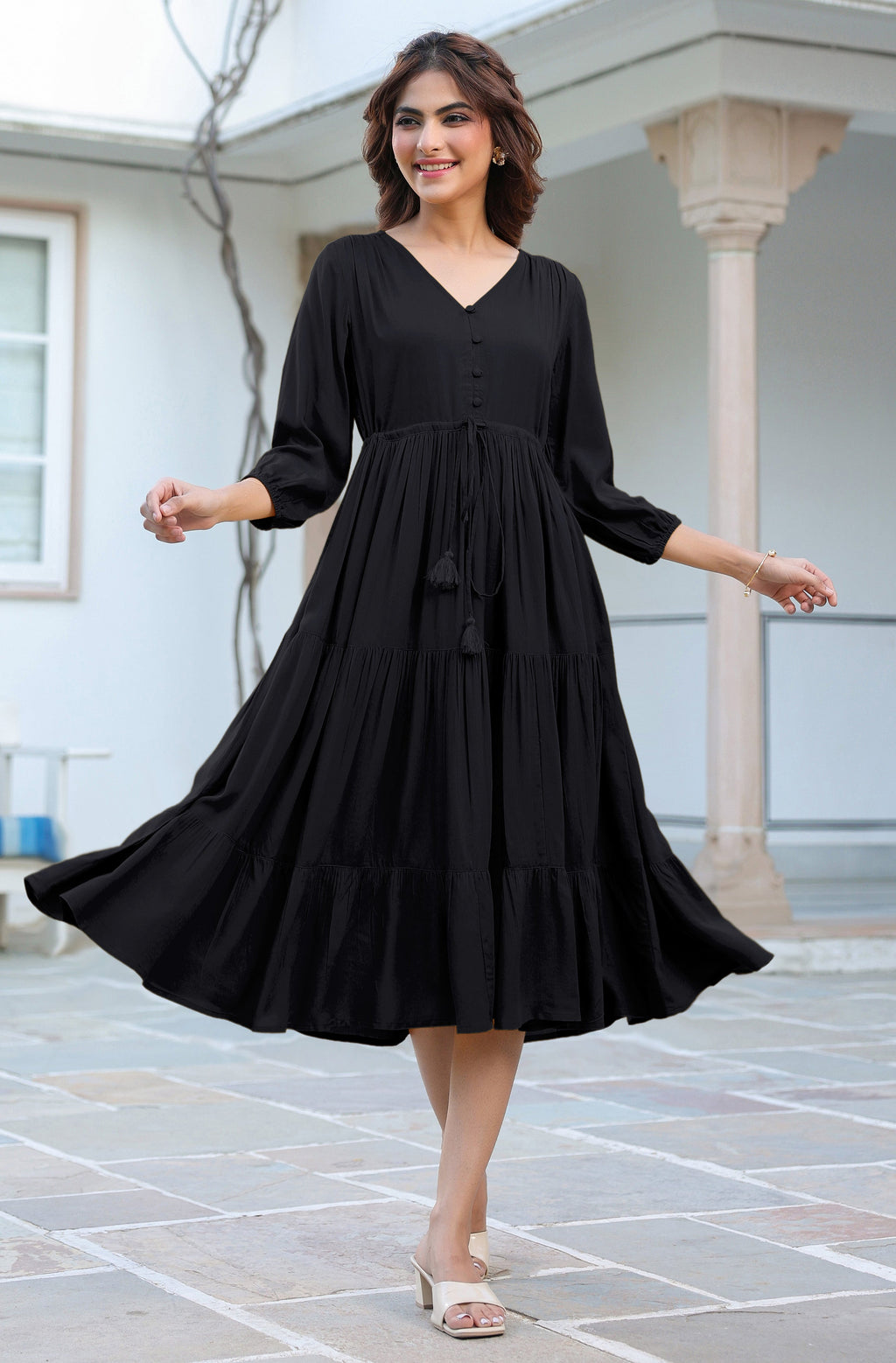 Janasya Dark Rayon Solid Tiered Dress