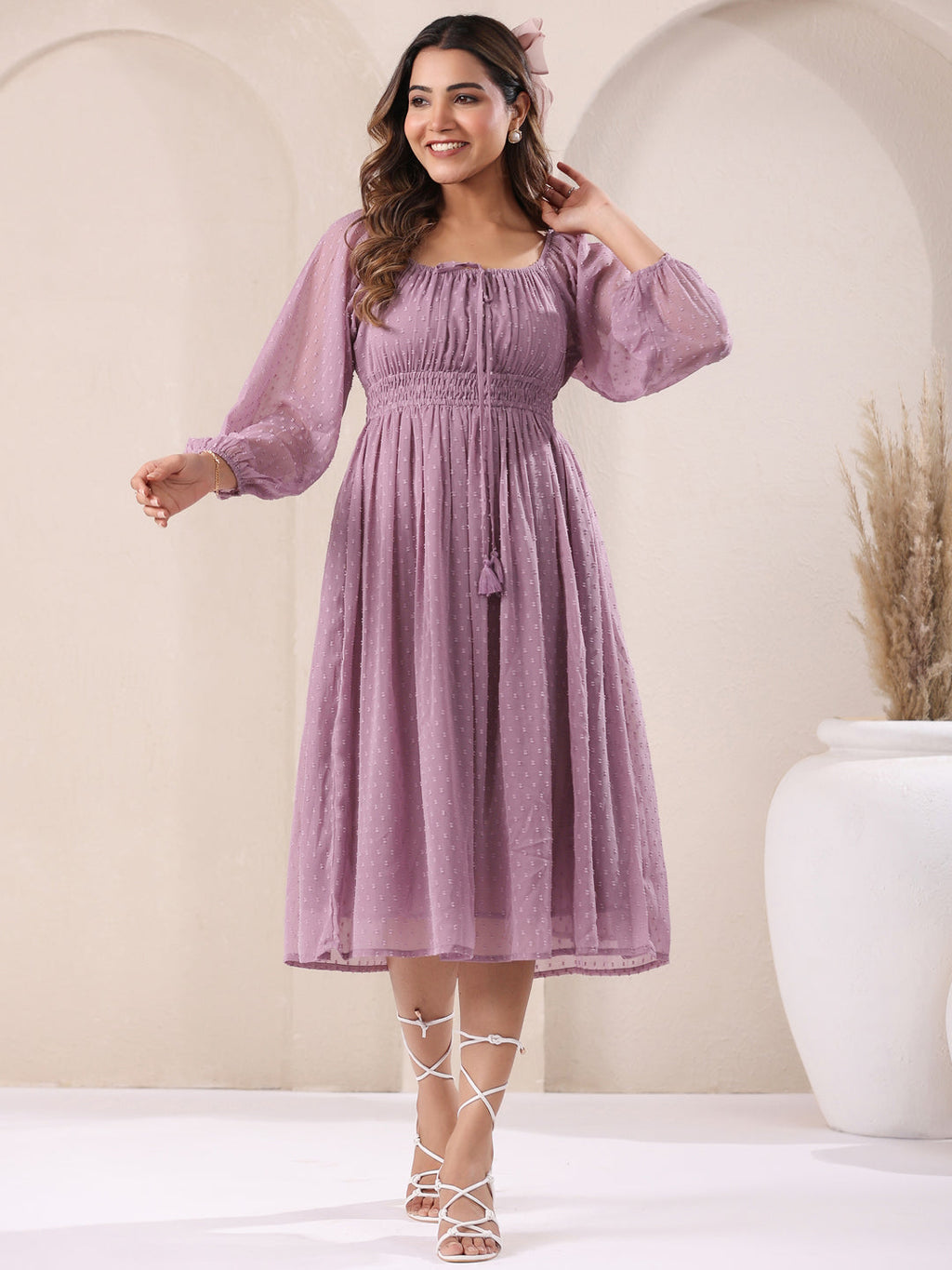 Janasya Light Dobby Chiffon Self Design Fit & Flare Dress