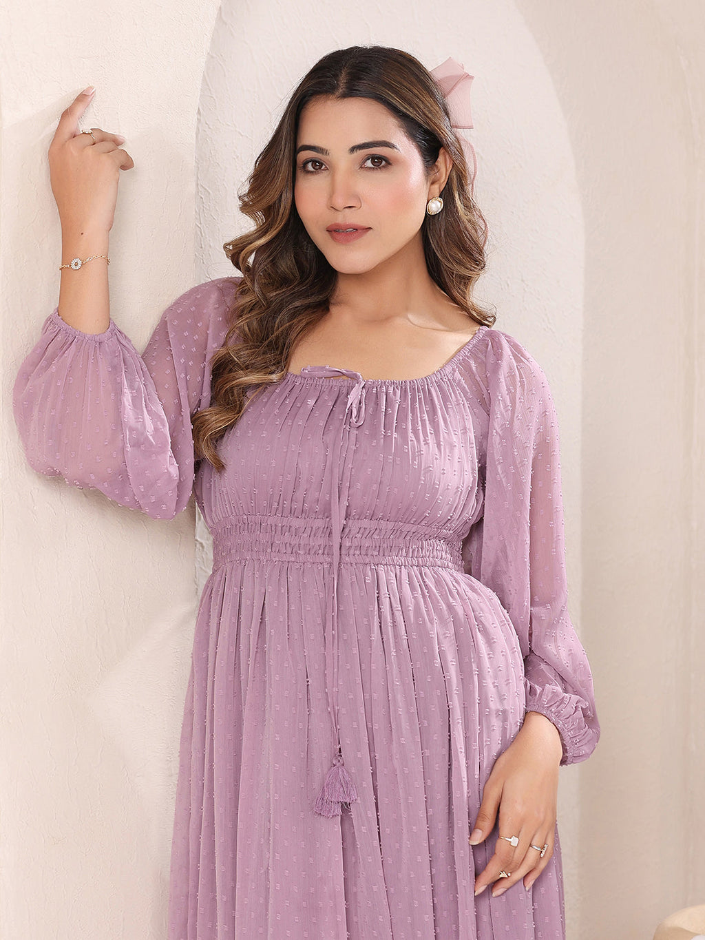 Janasya Light Dobby Chiffon Self Design Fit & Flare Dress