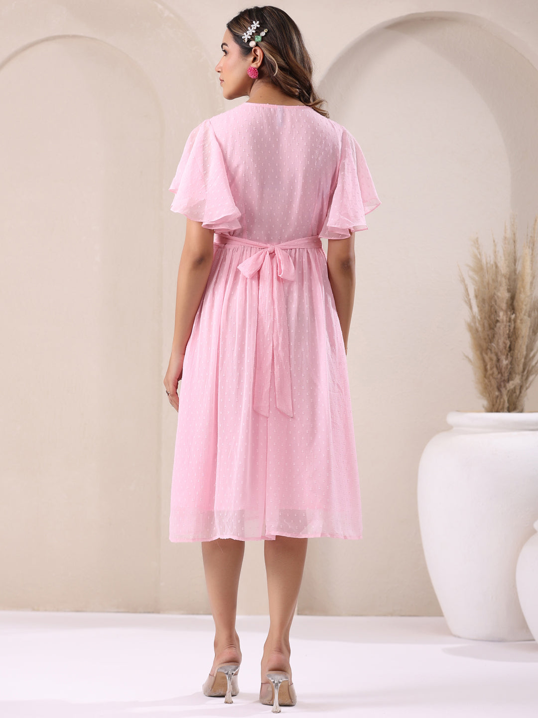 Janasya Light Dobby Chiffon Self Design A-Line Dress