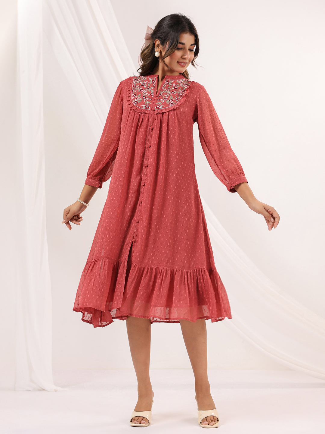 Janasya Dark Dobby Chiffon Embroidered Tiered Dress