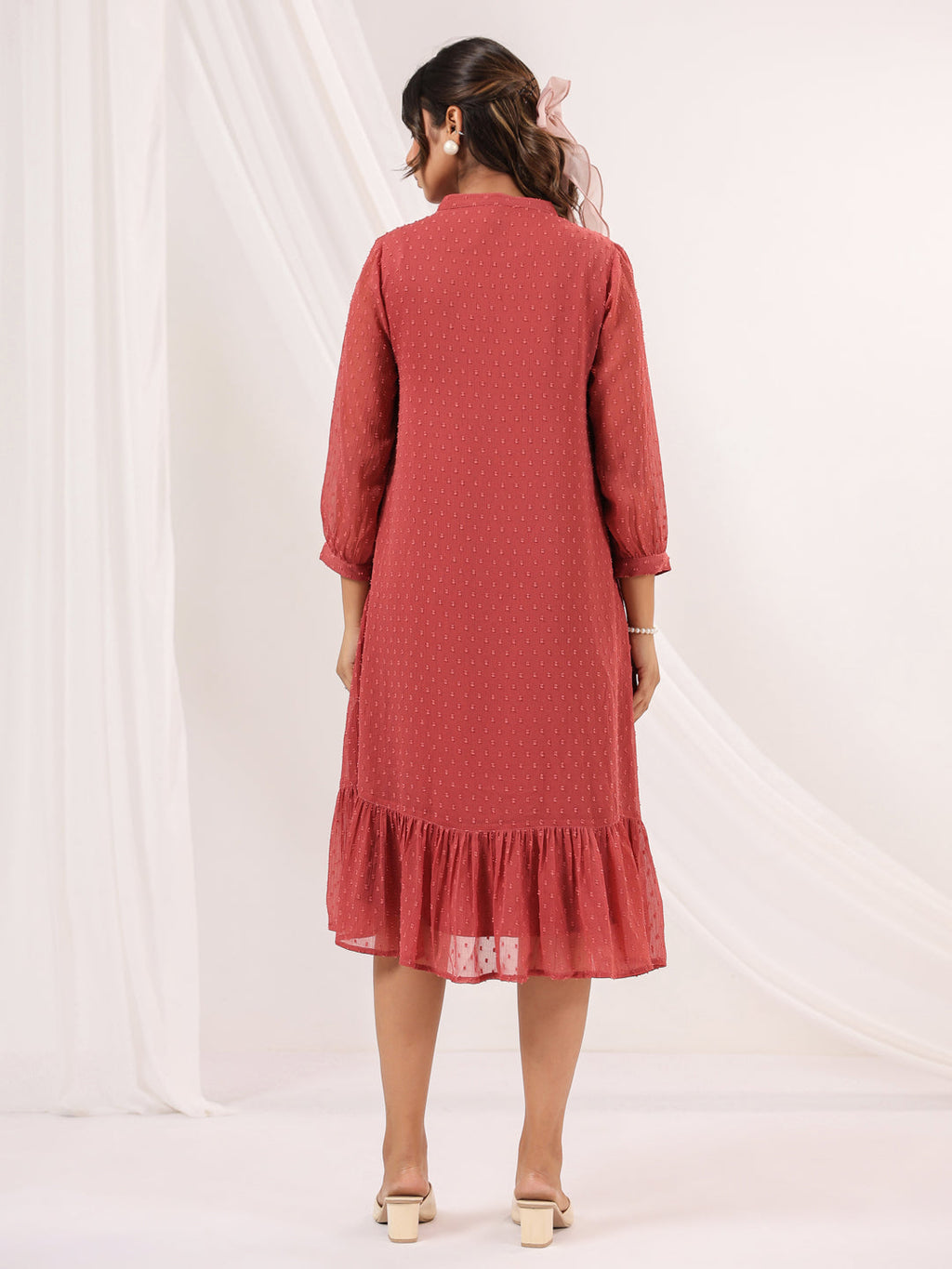 Janasya Dark Dobby Chiffon Embroidered Tiered Dress