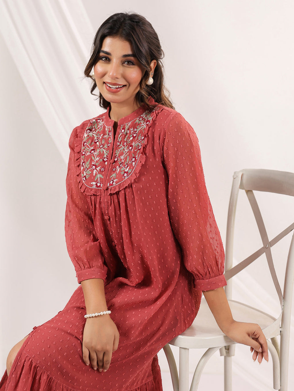Janasya Dark Dobby Chiffon Embroidered Tiered Dress