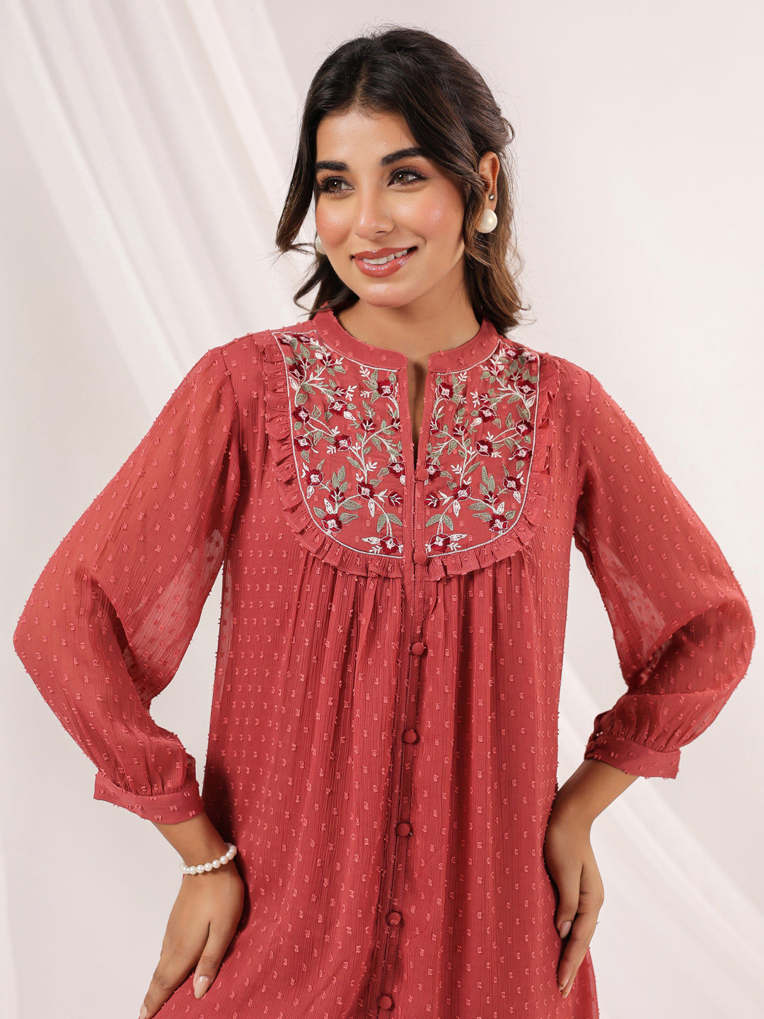 Janasya Dark Dobby Chiffon Embroidered Tiered Dress