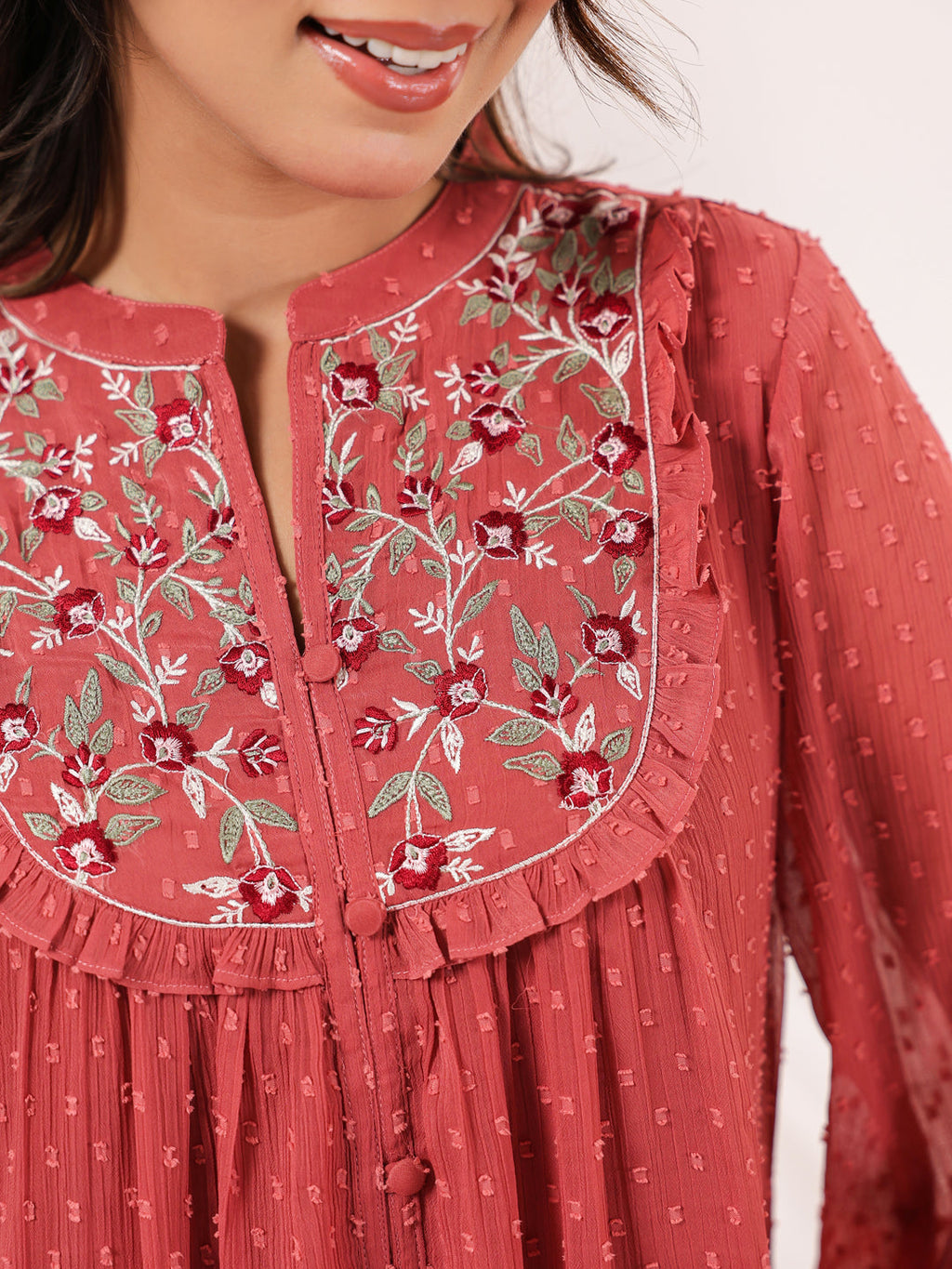 Janasya Dark Dobby Chiffon Embroidered Tiered Dress