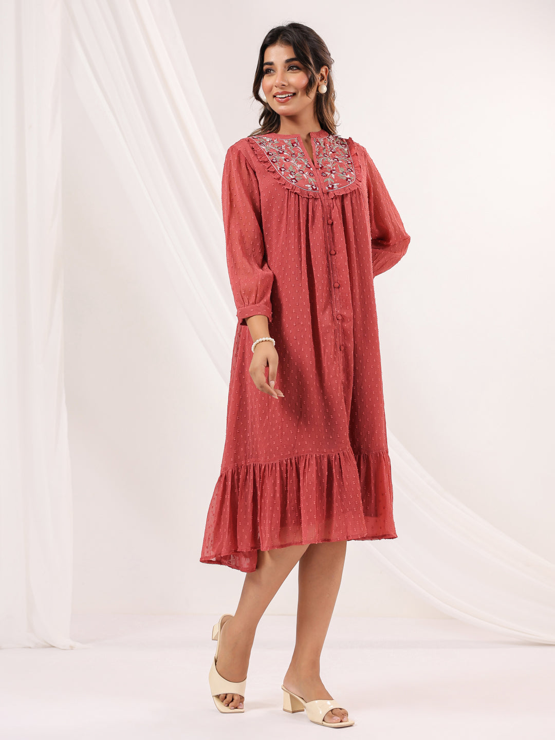 Janasya Dark Dobby Chiffon Embroidered Tiered Dress