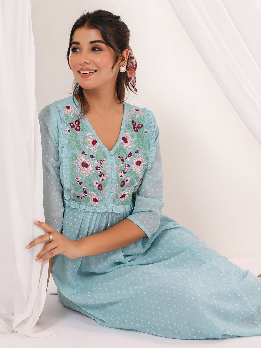 Janasya Light Dobby Chiffon Embroidered A-Line Dress