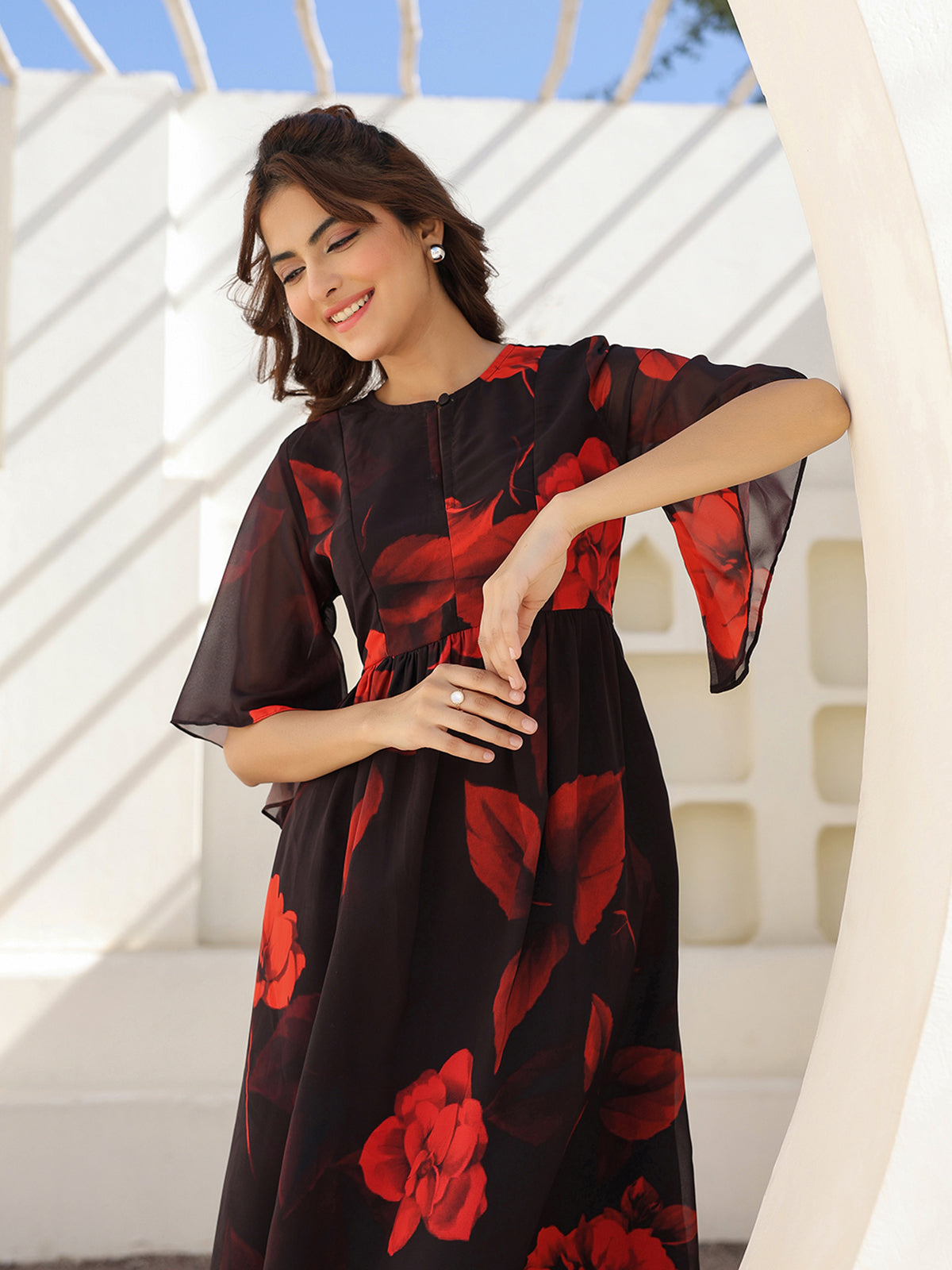 Janasya Dark Georgette Floral A-Line Dress