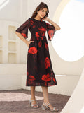 Janasya Dark Georgette Floral A-Line Dress