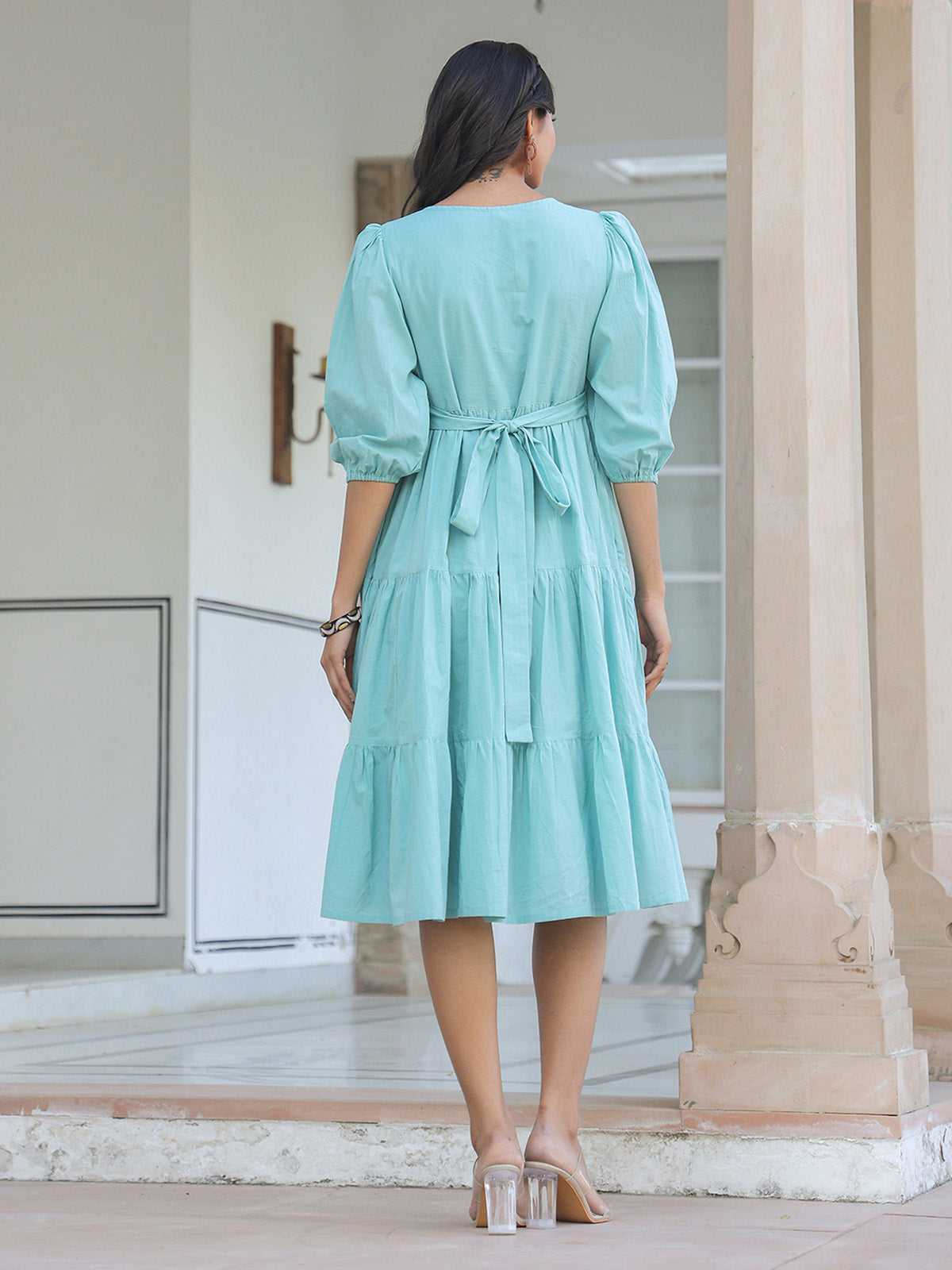 Janasya Light Cotton Solid Tiered Dress