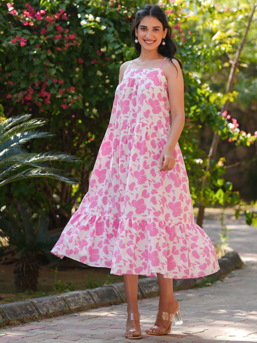 Janasya Light Cotton Abstract Tiered Dress