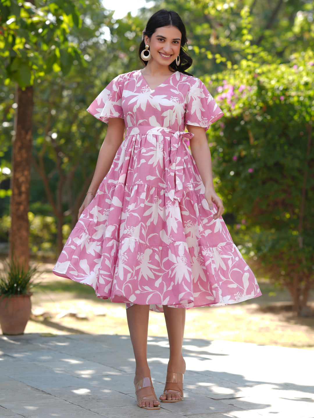 Janasya Light Cotton Floral Tiered Dress