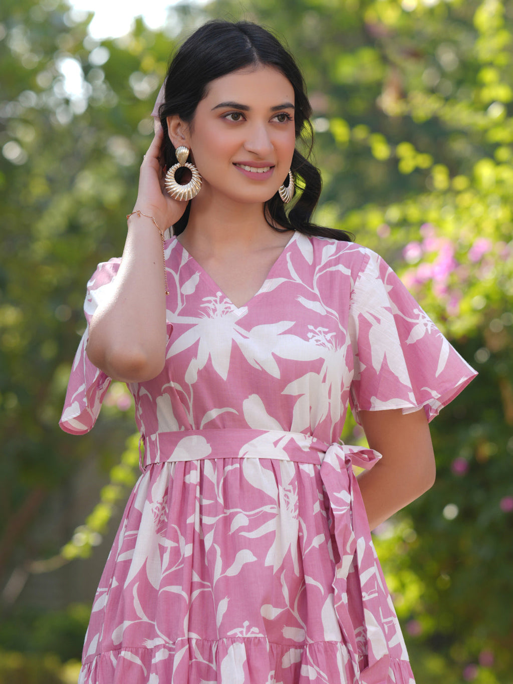 Janasya Light Cotton Floral Tiered Dress